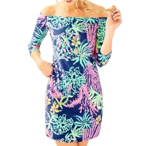 Lilly Pulitzer Indigo All A Glow Tropical Floral Laurana Off The Shoulder Dress - Picture 2 of 13